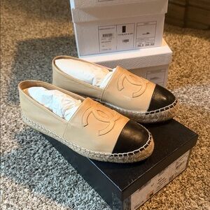 CHANEL Tan and Black Espadrilles
